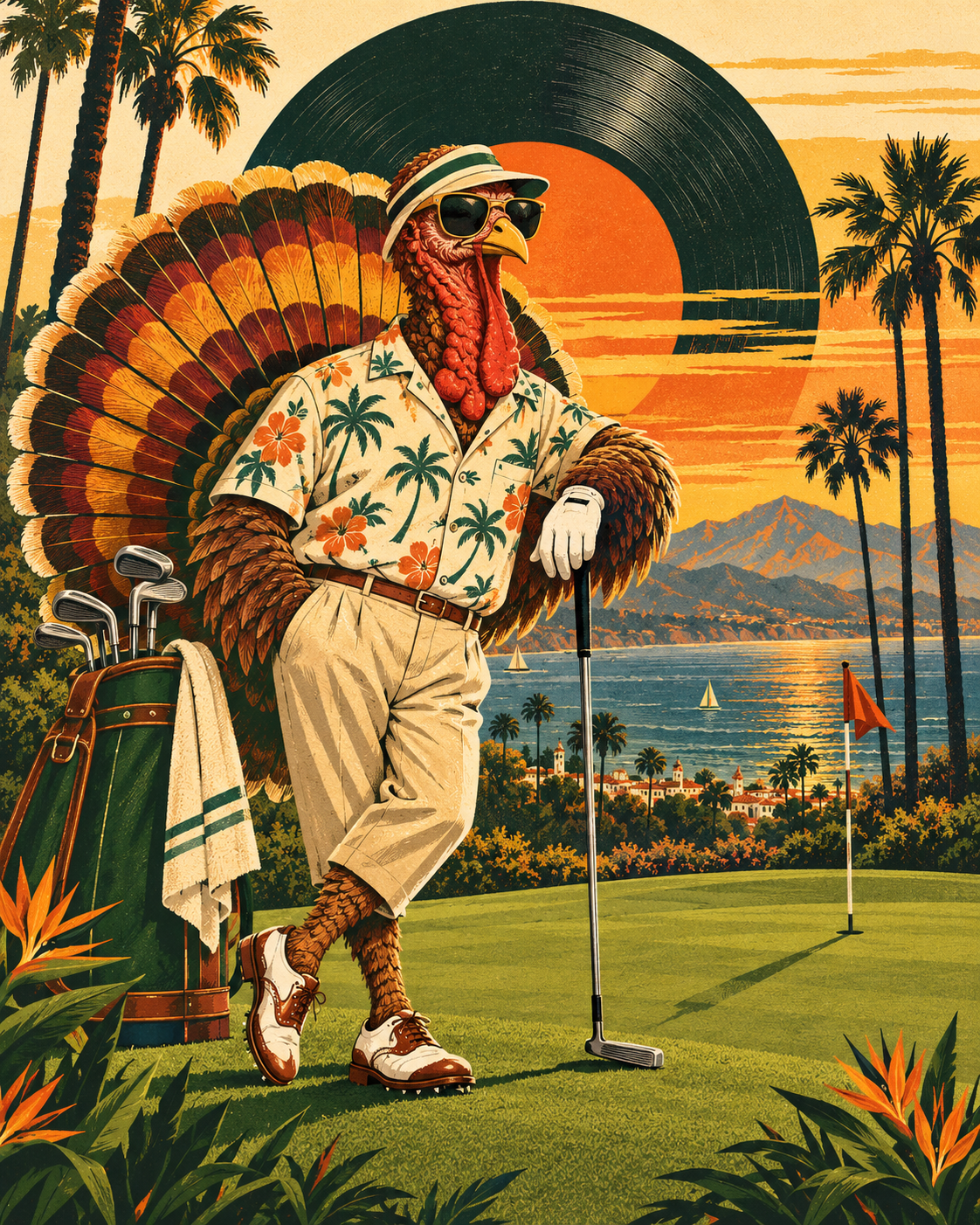 A turkey golfer in a tropical shirt on a Santa Barbara putting green with a sunset and vinyl record behind him