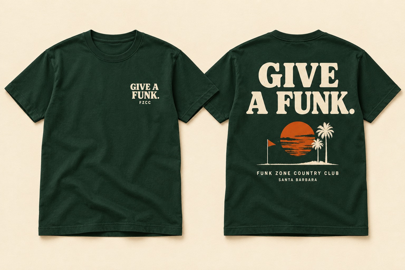 Front and back concept for a green GIVE A FUNK shirt with a sunset, palms and golf flag